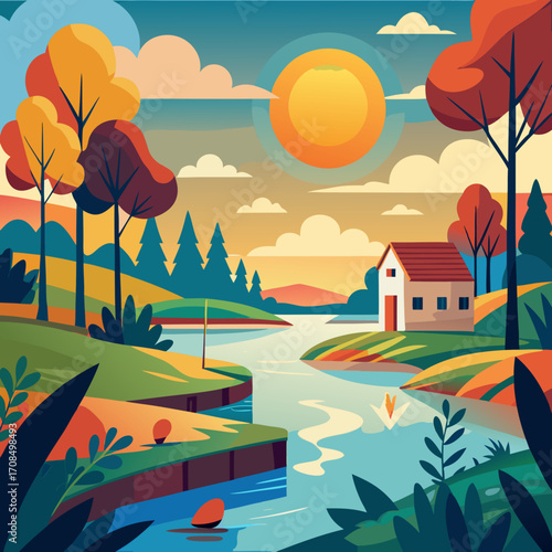 Serene autumn landscape with a cozy house nestled by a tranquil river, bathed in warm sunlight, perfect for evoking peace and relaxation, ideal for travel or home decor concepts