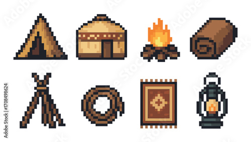 Pixel art camping gear: tent, campfire, lantern, and essential items