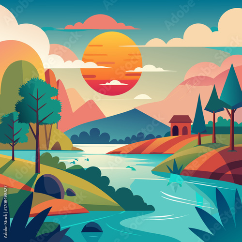 Tranquil colorful landscape with a radiant sunset over serene waters, evoking peace and adventure in a stylized modern design perfect for travel and environmental themes