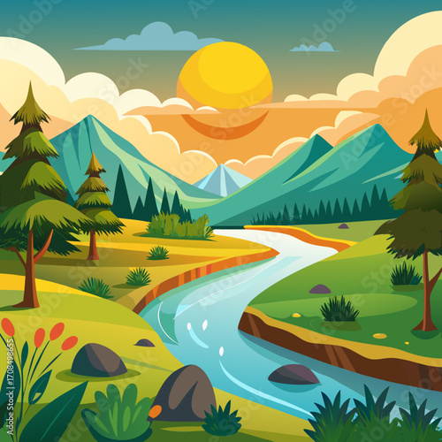 Stunning mountain landscape with vibrant sunrise and flowing river, perfect for travel promotions and outdoor adventure campaigns, evoking peace and tranquility, originally a vector graphic