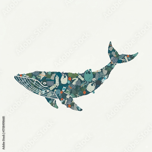 Conceptual illustration of a whale silhouette filled with plastic bottles, nets, and trash. Symbol of ocean pollution, waste crisis, and endangered marine life. Vector illustration
