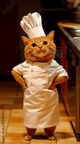 A charming ginger cat in a white chef's suit and hat stands in the kitchen. A surreal and humorous image of a pet. Perfect for culinary content.
