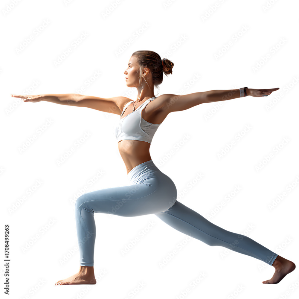 Fototapeta premium Fit woman performing warrior two yoga pose with arms extended on a transparent background isolated on transparent background.