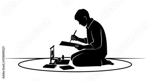 Focused artist meticulously creating traditional calligraphy art with brush and ink