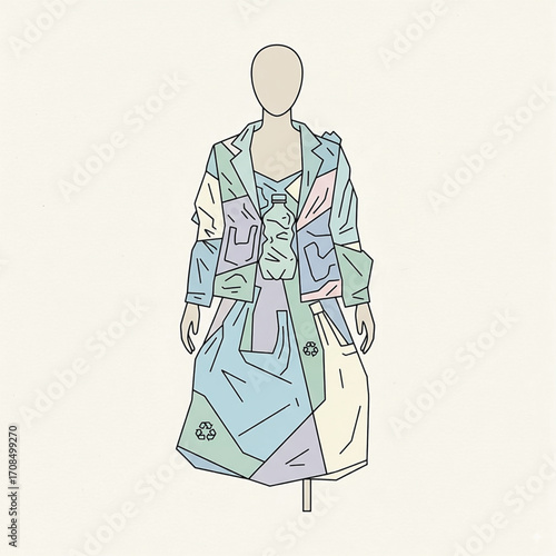 Flat vector illustration of a mannequin wearing clothing made of recycled materials and bottles. Concept of eco-fashion, sustainability, and environmental responsibility. Vector illustration