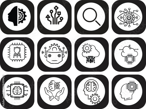 Artificial Intelligence Icon Set, Machine Learning Icons, Neural Network, Data Analysis, Deep Learning, Robotics, Innovation, Automation, Digital Brain, Future Technology