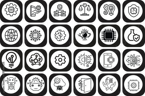 Artificial Intelligence Icon Set, Machine Learning Icons, Neural Network, Data Analysis, Deep Learning, Robotics, Innovation, Automation, Digital Brain, Future Technology