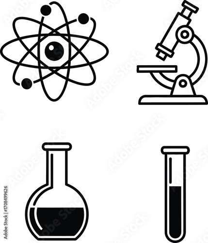 Science Icons Set | Atom, Microscope, Flask, Test Tube | Minimal Line Art Vector.