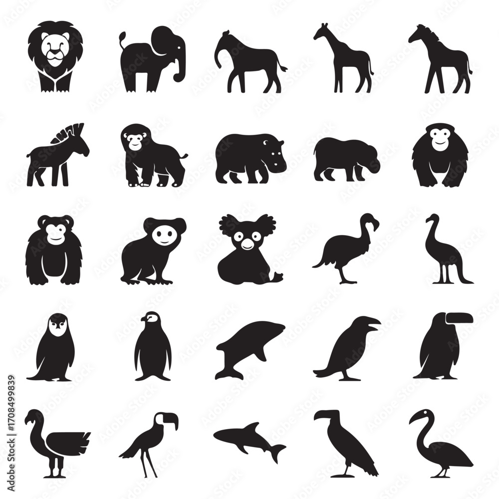Fototapeta premium African and Jungle Animals Silhouette Vector Pack, Wild Creatures and Birds