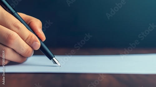 Hand holding a pen, poised over a financial contract, decision-making, agreement,  