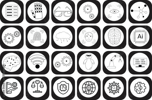 Artificial Intelligence Icon Set, Machine Learning Icons, Neural Network, Data Analysis, Deep Learning, Robotics, Innovation, Automation, Digital Brain, Future Technology