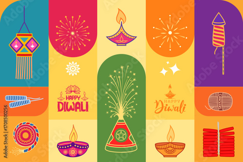 happy diwali festival banner design with illustration of diwali elements