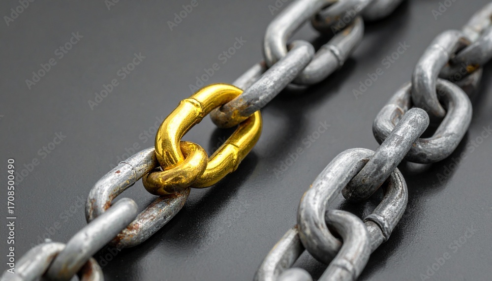 Fototapeta premium Gold link among silver chain links, symbolizing uniqueness and strength within a connected system.