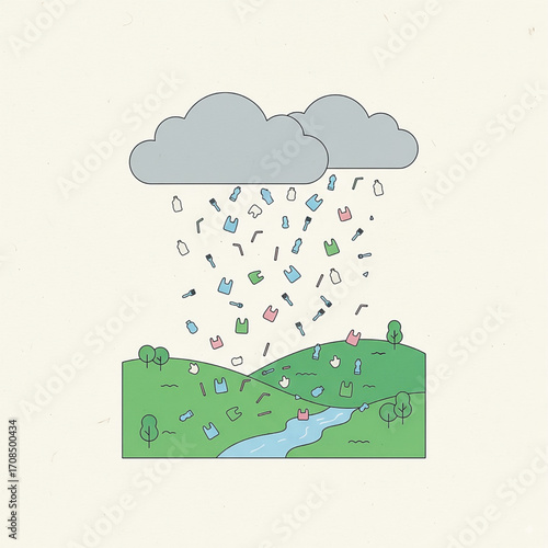 Flat vector illustration of clouds raining plastic bags, straws, and bottles over a green landscape. Concept of waste crisis, environmental awareness, and pollution impact. Vector illustration