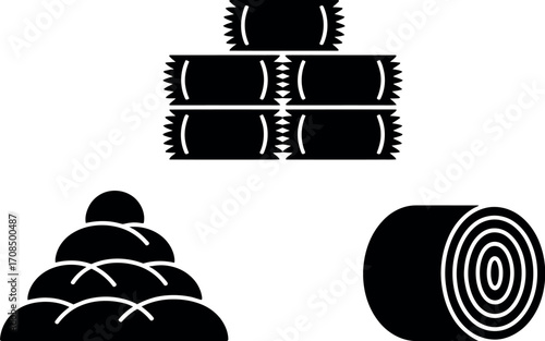 Rural agriculture hay bale icons set farming harvest stacked round and square shapes vector