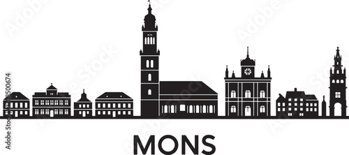 Mons Skyline Silhouette Vector Illustration A Detailed Cityscape Depiction of Mons Belgium's Architectural Landmarks