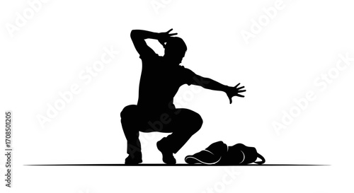 Dynamic dancer in mid-move, striking a pose with energetic motion and a dropped bag nearby