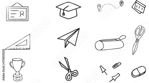 Hand Drawn Education and Science Doodle Icons Set — Sketch Style School Illustration with Math Symbols, Physics and Chemistry Elements, STEM Learning Graphics, Creative Classroom Clipart, and Academic