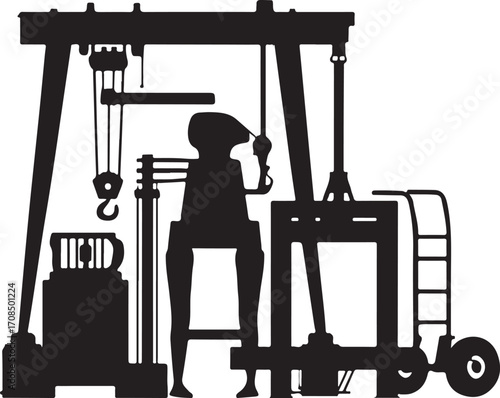 Vintage industrial machine with person silhouette black and white