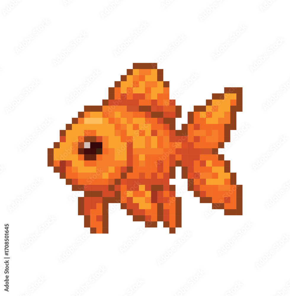 Fototapeta premium Pixel art illustration of an orange goldfish with detailed fins and scales, isolated on a white background, 8-bit retro style.