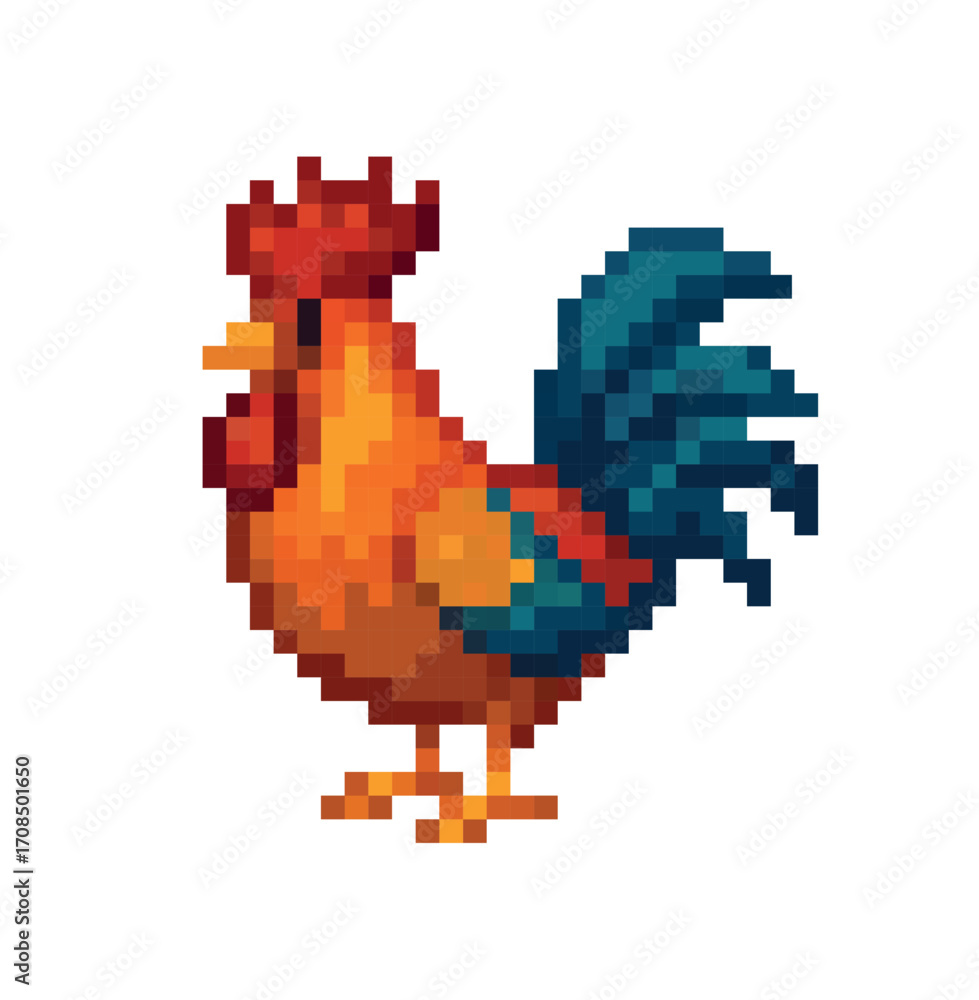 Obraz premium Colorful rooster in pixel art style, retro 8-bit farm animal illustration, isolated on white background,