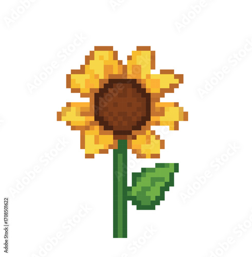 Pixel art illustration of a bright yellow sunflower with green leaves and a brown center, isolated on a white background, 8-bit retro style.