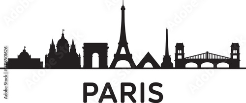 Paris France Skyline Silhouette Vector Illustration with Famous Landmarks and Cityscape Outline Design