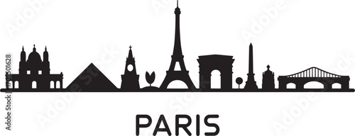 Paris France Skyline Silhouette Vector Illustration with Famous Landmarks and Cityscape Outline Design