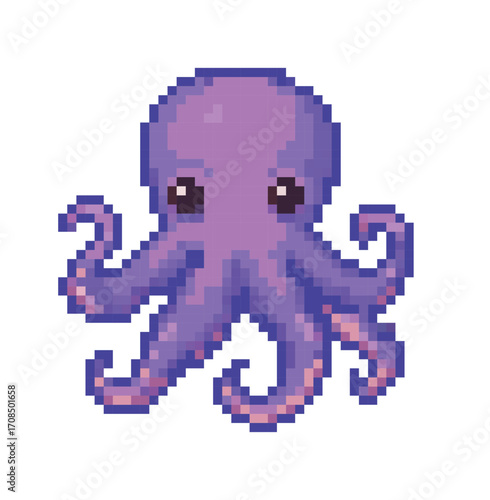 Pixel art illustration of a cute pink octopus with a smiling face, isolated on a white background, 8-bit retro style.