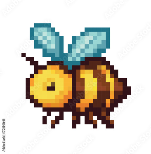 Pixel art illustration of a yellow and brown bee with blue wings, isolated on a white background, 8-bit retro style.
