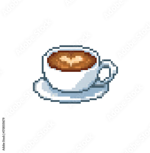Pixel art illustration of a cup of coffee with latte art in the shape of a heart, served on a saucer, isolated on a white background, 8-bit retro style.