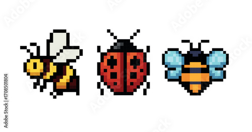 Pixel art illustration of insects, cute bee, ladybug and bumblebee, retro 8-bit sprite style, cartoon bug set for games and design, isolated on white background