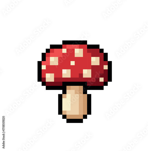 Pixel art illustration of a red and white spotted mushroom with a beige stem, isolated on a white background, 8-bit retro style.