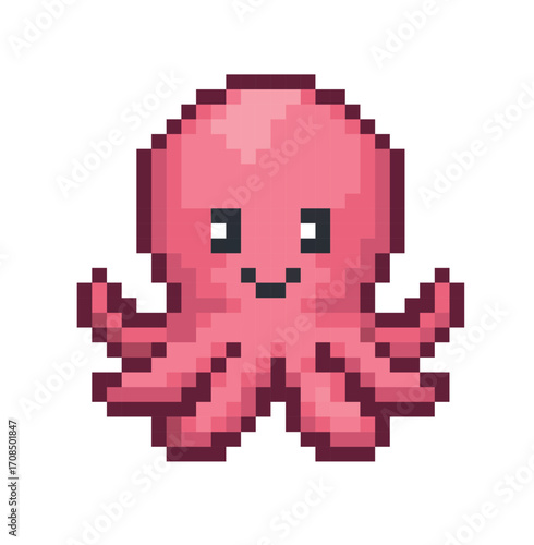 Pixel art illustration of a cute pink octopus with a smiling face, isolated on a white background, 8-bit retro style.