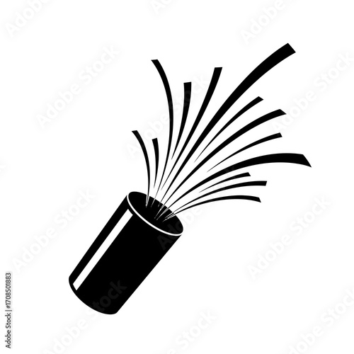 Black silhouette of a party popper exploding with streamers isolated on white background