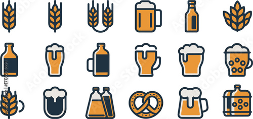 Beer and brewery icon set, craft beer symbols, hops, mugs, bottles, pretzel, brewing flask, and beer foam vector illustration