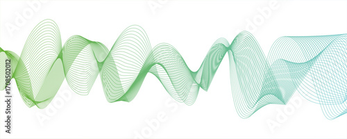 Abstract modern background with flowing wave lines in gradient shades of green and aqua. curved, Smooth curves and gradient tones of light to deep blue motion. Airy and minimal, suitable for technolog