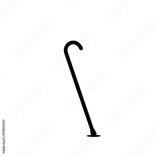 Simple black silhouette of a walking cane isolated on white background