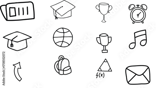 Hand Drawn Education and Science Doodle Icons Set — Sketch Style School Illustration with Math Symbols, Physics and Chemistry Elements, STEM Learning Graphics, Creative Classroom Clipart, and Academic