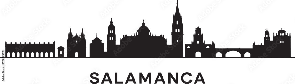 Naklejka premium Salamanca Skyline Silhouette Vector Illustration, Spain Cityscape Outline with Famous Landmarks