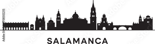 Salamanca Skyline Silhouette Vector Illustration, Spain Cityscape Outline with Famous Landmarks