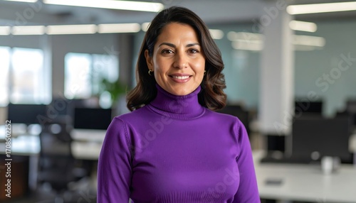 Confident businesswoman in purple turtleneck, modern office background