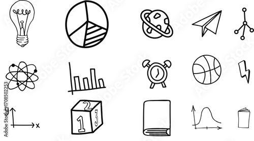 Hand Drawn Education and Science Doodle Icons Set — Sketch Style School Illustration with Math Symbols, Physics and Chemistry Elements, STEM Learning Graphics, Creative Classroom Clipart, and Academic