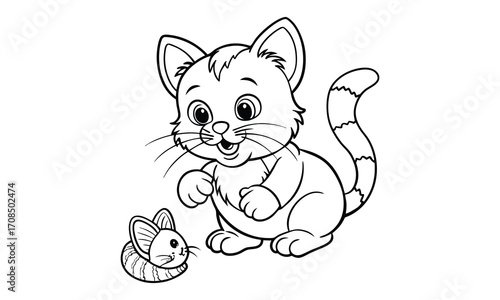 Mittens Cat, kids line art doodle pattern design t shirt silhouette and vector, intricate line art design, relaxing printable, high-quality illustration for stress relief, art therapy activity.