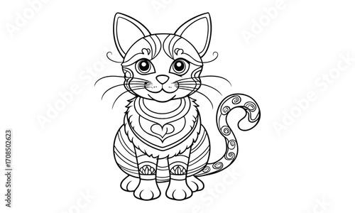 Mittens Cat, kids line art doodle pattern design t shirt silhouette and vector, intricate line art design, relaxing printable, high-quality illustration for stress relief, art therapy activity.