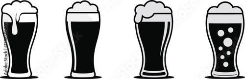 Beer glass vector icons, foamy drink, dark beer, pint glass design, brewery illustration, Oktoberfest beer elements, craft beer clipart