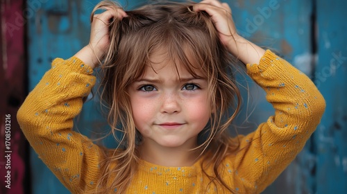 A cute little girl with messy hair, wearing a mustard-yellow long-sleeve shirt, poses against a rustic blue background. Her expression is a mix of seriousness and playfulness