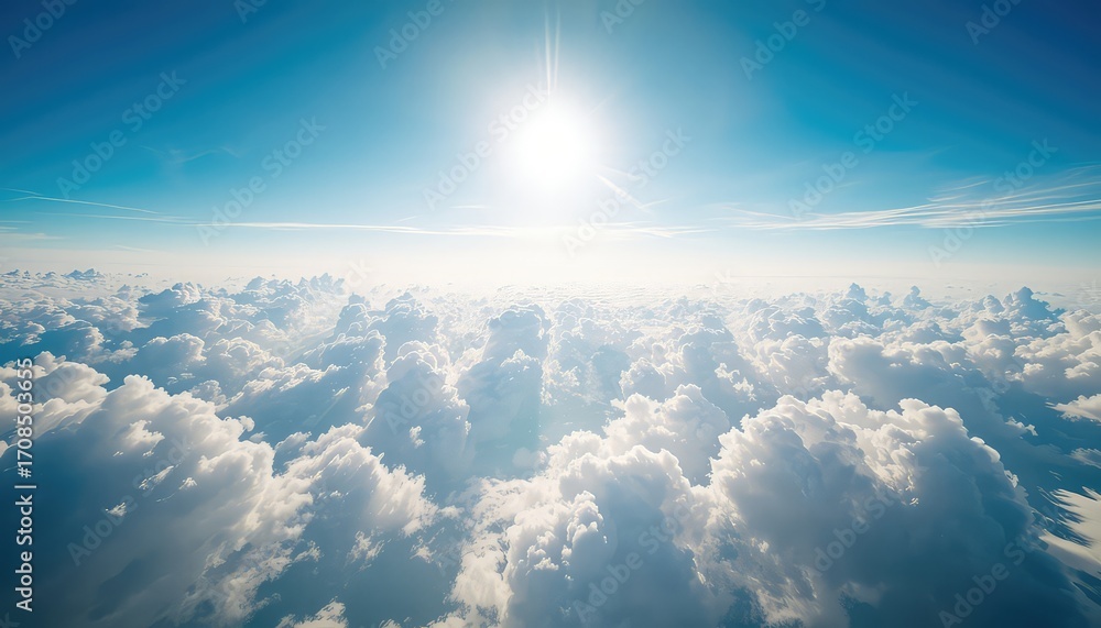 Fototapeta premium Aerial view of soft, puffy clouds with a bright, glowing sun shining above a clear blue sky