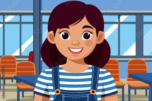 A smiling young girl with dark hair, wearing a blue and white striped shirt and denim overalls, stands in a classroom with tables and chairs