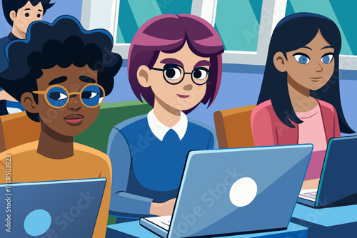 Diverse group of students learning and working together on laptops in a classroom setting, representing education and technology